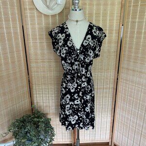 vintage 90's Black Floral Button-Down Dress With Tie Front & Cap Sleeves